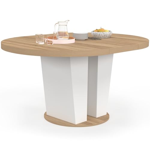 IDMarket - Esstisch, ausziehbar, rund, für 4-8 Personen, Holz und Weiß, 110 – 150 cm