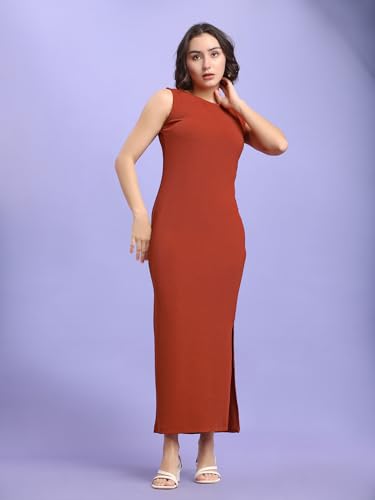 Image of PURVAJA Women's Bodycon Maxi Sleeveless Round Neck Solid Dress