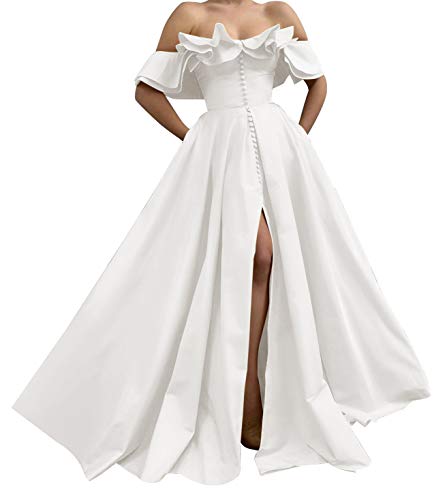 Off Shoulder Satin Prom Dresses for Women Long Wedding Dress Ruffle Split Ball Evening Gown with Pockets White Size 2
