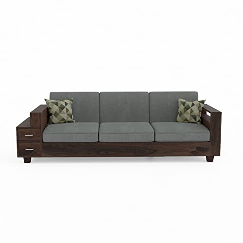 Image of Solid Sheesham Wood Sofa Set 3 Seater, Three Seater Sofa Set, Sofa Sets for Living Room with Attached End Table, 2 Drawer Storage, Rosewood, Walnut Finish