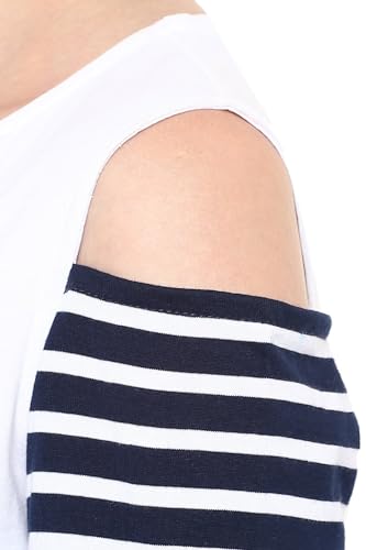 Image of Miss Chase Women's Navy Blue and White Round Neck Half Sleeves Striped Cold Shoulder Top