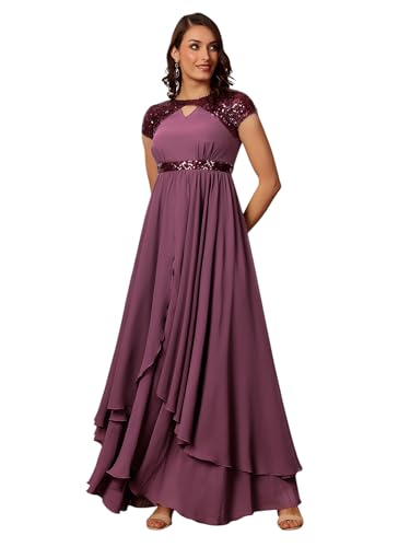 Image of Miss Chase Women's Round Neck Sleeve Embellished Fit Flare Maxi Dress
