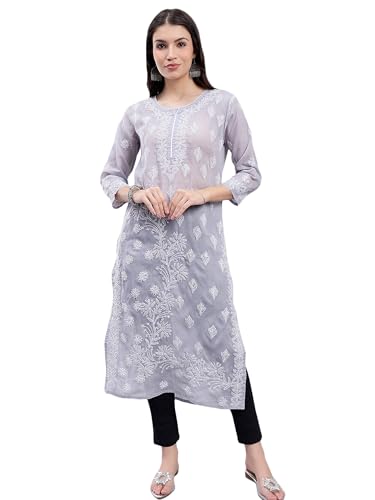 Image of Seva Chikan Hand Embroidered Lucknowi Chikankari Terivoil Cotton Regular Fit Straight Kurta for Women SCL4351