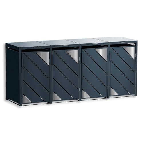 Metzler Mülltonnenbox 4er 240L in Anthrazit mit Edelstahl Akzenten | Für 4 Tonnen aus Stahl wetterfest & abschließbar | Mülltonnenverkleidung außen mit Automatikdeckel | Müllbox für Garten & Einfahrt