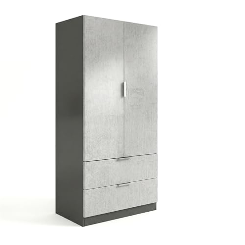 duehome | Armario de 2 Puertas y 2 cajones, Modelo Lark, Acabado en Color Gris Grafito y Cemento, Medidas: 81 cm (Ancho) x 180 cm (Alto) x 52 cm (Fondo)