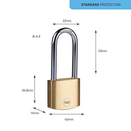 Image of Yale - Y110B /40 /152 /1 Standard Security 40mm Brass Padlock with Long Shackle - Long Hardened Steel Shackle - 3 Keys