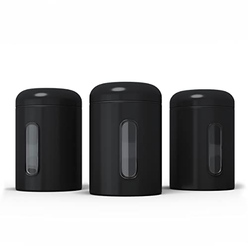 stardis Set di 3 barattoli da 1,9 l, con coperchio e finestra di visualizzazione, per alimenti, resistenti, in metallo, per caffè, tè, cereali, caffè, rivestimento anti-impronte, colore nero
