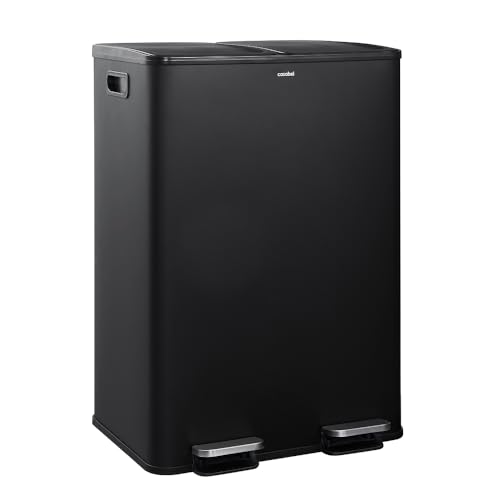 CASABEL Cubo de Basura Selectiva 60L - 2 x 30 Litros, Compartimentos Dobles 2x30L, Acero Inoxidable Negro, Papelera de Reciclaje de Pedal Rectangular, Anti Trazas, Anti Olores, Empresa Francesa