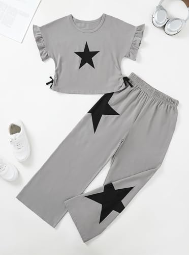 Image of Girls 2 Piece Outfits Star Print Ruffle Sleeve Tops and Wide Leg Pants Set Summer Clothes