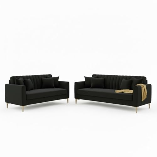 Image of 3+2 Seater Velum Fabric Sofa Set for Living Room, Modern Design with High Density Foam, Solid Wood Frame, Ergonomic Comfortable Seating for Home & Office (Black, 3+2 Seater) | Soft foam comfort, Strong wood frame