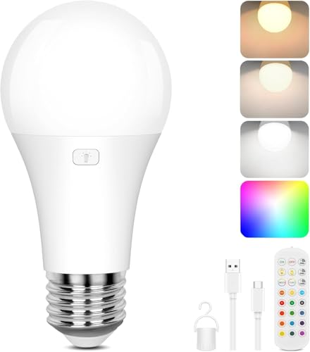 Image of Yochoice Rechargeable Battery Operated Wireless Puck A19 Light Bulb with Remote Control 1 Packs, Dimmable Detachable LED Bulb with 15 Colors Selectable 3 Timer, for Wall Sconce, Non Hardwired
