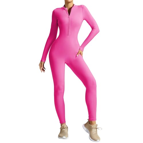 Body de entrenamiento rosa para mujer con cremallera frontal y manga larga