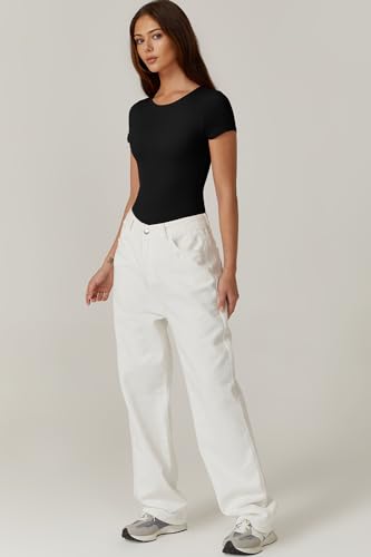 Image of QINSEN Women's Crew Neck Short Sleeve Bodysuit Double Lined Body Suits Basic T-shirt Tops