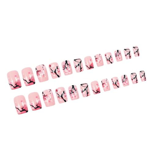 Uñas cuadradas a presión con patrón floral de ramas de árbol, manicura brillante, cobertura completa, uñas postizas para mujer, 24 unidades