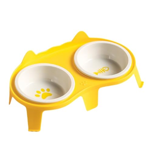Xiraivke(2個) ペットボウル 猫 食器 食べやすい 猫用 フード ボウル 食器台 小型犬 エサ入れ 斜め ネコ 餌 台 ねこ 餌入れ 皿陶器 (イエロー)