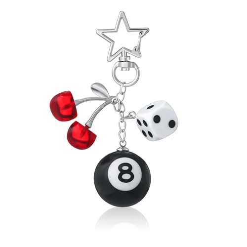 AMBEERT 8 Ball Keyring, Cherry Keying, Cherry Keychain, 8 Ball Black Ball Key Chain, Key Chain Pendant Accessories, Billiards Gift Souvenirs, Cherry Bag Pendant with Star for Men and Women