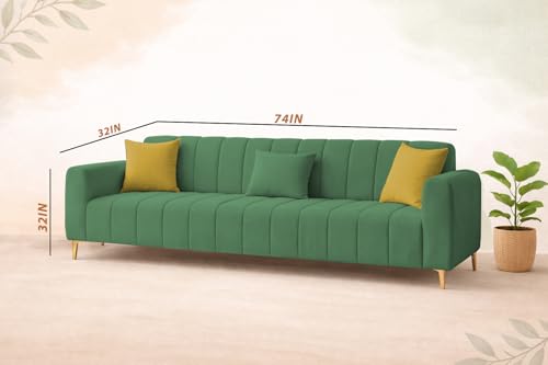 Image of Casaliving Velour Modern Velvet Sofa, Tufted Design Upholstered 3 Seater Sofa Set for Living Room, (Green Colour) Premium Velvet Fabric Sofa