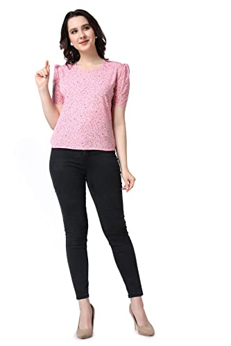 Image of POPWINGS Casual Printed Puff Sleeves Round Neck Top for Women || Stylish Summer Tops for Women || Hip-Length Women Top