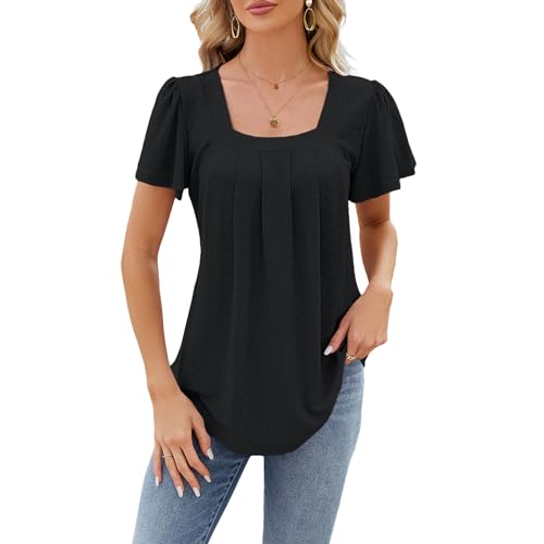 Atxnn Camiseta Mujer de Verano Blusa con Cuello Cuadrado Túnica Tops de Manga Corta con Volantes Camisa Casual Suelta, Negro Pequeño