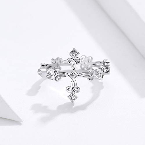 NewZenro Christian Faith CZ Cross 925 Sterling Silver Open Statement Rings Adjustable Eternity Wedding Band Fashion Dainty Filigree Flower Ring for Women3