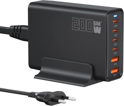 Cargador USB C 200W, Cargador rápido PD 100W, Estación de Carga de 6 Puertos Cargador GAN-III, Compatible con MacBook Pro/Air, DELL XPS, iPhone 15/16/14/Pro, Samsung, Xiaomi, iPads y Steam Deck