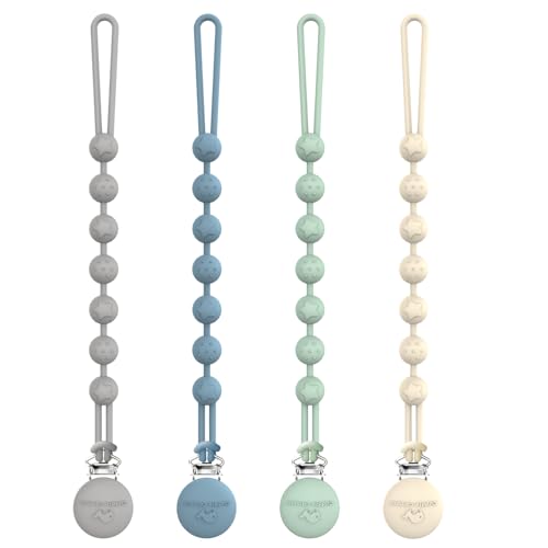 Image of Cuddle Campus Silicone Pacifier Clip Holder with One Piece Design, Pack of 4 Soft Flexible Binky Clips with Texture for Baby Boy and Girl Set 2(6M+)
