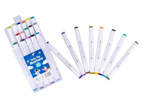 Image of Twin-Tip Marker Pens Set | Dual Tip Art Markers with Fine & Broad Nibs | Assorted Color Sketch Pens with Storage Case for Drawing, Coloring, School Projects, Kids & Adults (Pack Of 24)
