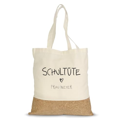 GRAVURZEILE Bedruckte Einkaufstasche Kork - Schultüte - Personalisiert mit Name - Einkaufsbeutel aus Baumwolle & Korkbesatz - Lange Tragegriffe - Geschenk für Lehrer & Erzieher
