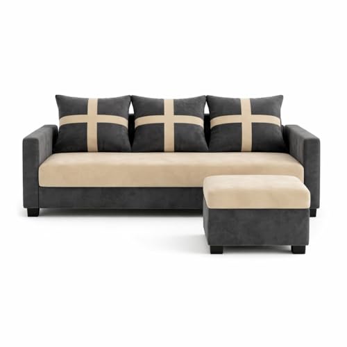 Image of Caviriq 4 Seater L Shape Sofa Set with Movable Ottoman | Flexible Left or Right Layout | Luxury Velvet Suede Fabric | Modern Living Room Sofa | Dark Grey-Cream