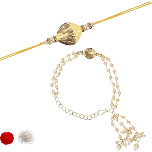 Image of I Jewels Pearl Bhaiya Bhabhi Lumba Rakhi Bracelet Combo Set With Roli Chawal & Rakshabandhan Greeting Card
