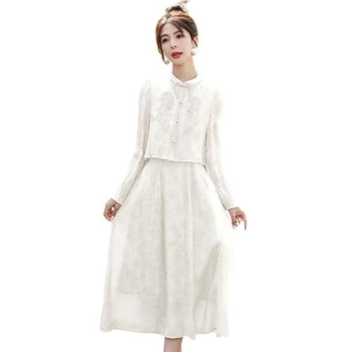 Robe midi Qipao d'inspiration chinoise élégante en ensemble 2 pièces pour femme