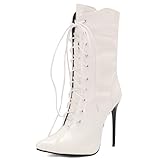  Lizoleor Cordoncino Donna A Collo Alto Stivali Da Motociclista Super Tacco Alto Appuntito Cross Strap Tacco A Spillo Stone Pattern Festa Boots Bianco Numero 36 Eu