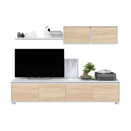 Habitdesign Modèle Alida Meuble de salon moderne Finition Blanc « Artik » et chêne canadien, dimensions : 200 x 43 x 41 cm (l x H x P).