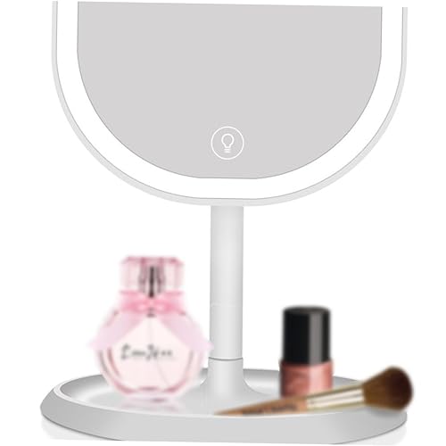 Espejo de maquillaje LED rotativo con bandeja y luz blanca miniatura 3