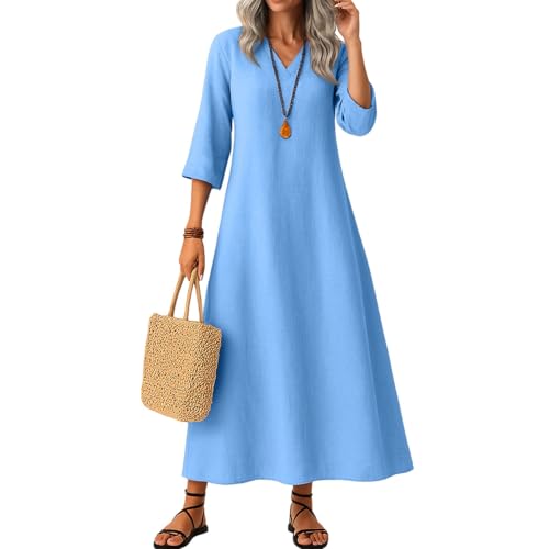 Trägerkleid Damen Sommer Leinenkleid Damen Frühling und Herbst Kleid 3/4 Ärmel V Ausschnitt Langes Kleid Casual Loose Solid Farbe Baumwolle Leinen...