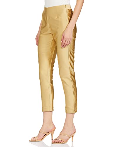 Image of Rangriti Gold Poly Cotton Slim Pants for Women