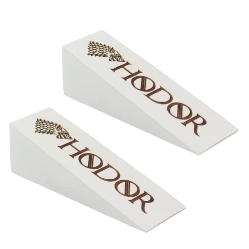 Hodor Door Stopper Beech Wood Anti Slip Rubber Wedge GoT Compatible with Every Surface 2 Pack Gift Engraved Merchandise Gag, White, ‎4.84 x 1.65 x 1.61 inches