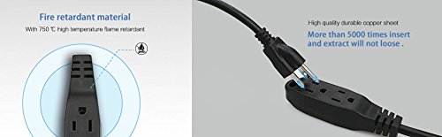 ClearMax 3-in-1 Electrical Power Outlet 3 Conductor Wire Extension Cord; 3 Prong Space Saving Flat Head Plug for Indoor and Outdoor Use; 15 Feet; Black (Pack of 2)