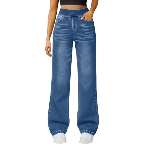 Pantalon en jean délavé taille haute évasé et fluide avec ceinture élastique