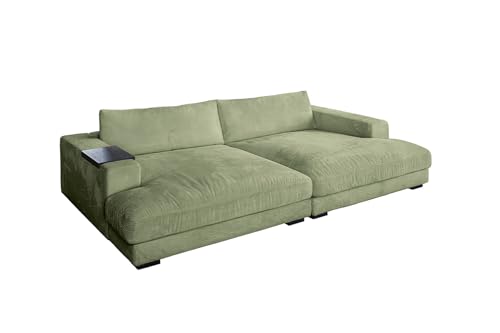 KAWOLA Big Sofa Madeline - Megasofa mit Holztablett in Schwarz, Cord Olivgrün - Couch XXL mit Hochwertigen Füllstoffen & Federbeimischung, Sofa Modern für Wohnzimmer