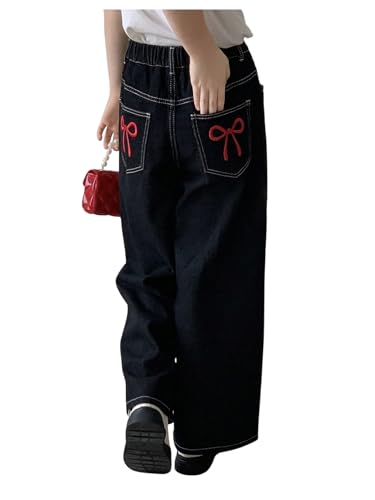 OYOANGLE Girl's Bow Embroidery Straight Leg Jeans Elastic Waist Solid Denim Pants with Pockets