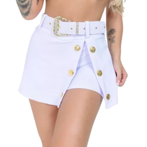 Shorts Saia Malha Pop Com Cinto Fivela Botões Botão Dourado (P, Branco)