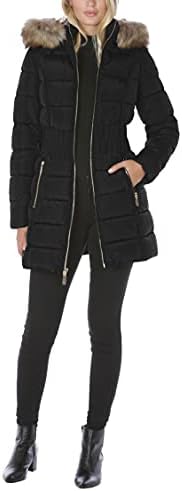 LAUNDRY BY SHELLI SEGAL Women's 3/4 Puffer Jacket with Zig Zag Cinched Waist and Faux Fur Trim Hood, Solid Black, Small