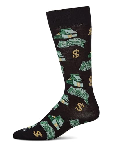 MeMoi Money Bags Cash Print Men's Socks, Rayon Blend Mens Crew Socks, Environmentally Friendly Fabric - Sizes 10-13, Black, 10-13