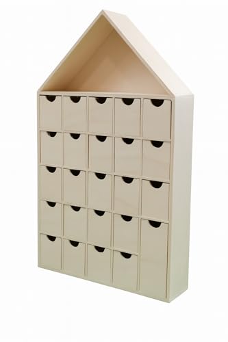 Calendario adviento. En madera de chopo natural. Para pintar. Con 24 cajones. Medidas (ancho/fondo/alto): 28 * 8 * 48 cms. Medidas interiores cajones: 4 * 6,5 * 4,5 cm.