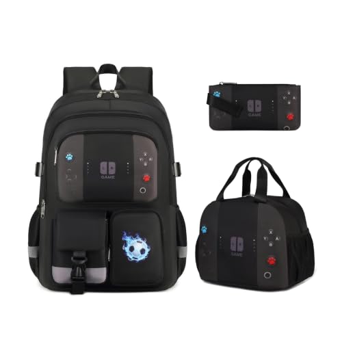 Image of 3PCS Boys Backpack for School Kids Schoolbag Teens Book Bag | Teen Boys Elementary Middle School Backpack College Student Bookbag with lunch box Children Waterproof Laptop Bag Black