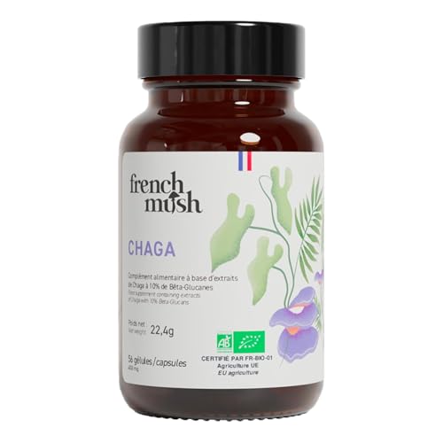 French Mush Funghi Chaga Bio Cápsulas 8000 mg - Superalimento Antioxidante - 56 Cápsulas Veganas - Complejo de Hongos Chaga Rico en Vitaminas B, D y K - Hongo Adaptógeno - Testado en Laboratorio