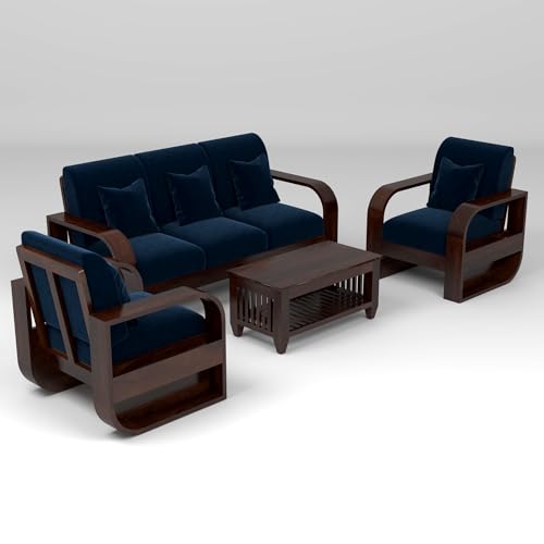 Image of Solid Sheesham Wooden 5 Seater Sofa Set with Coffee Table with Blue Cushion for Living Room Furniture - Walnut Finish (3+1+1)