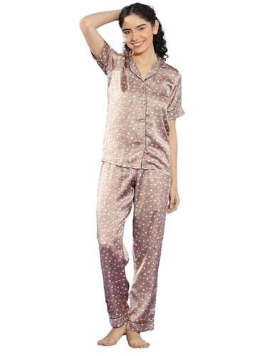 Image of KOTTY Women's Printed Satin Night Suit Shirt & Pyjama Set