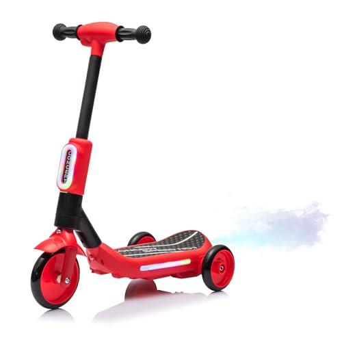 Bluefun 2in1 Kids Electric Scooter, 3-Wheel Design with Colorful LED Lights & Spray Taillight, One-Button Start, Safe Ride On Scooter for Ages 3+, 8.82 lbs(Red)